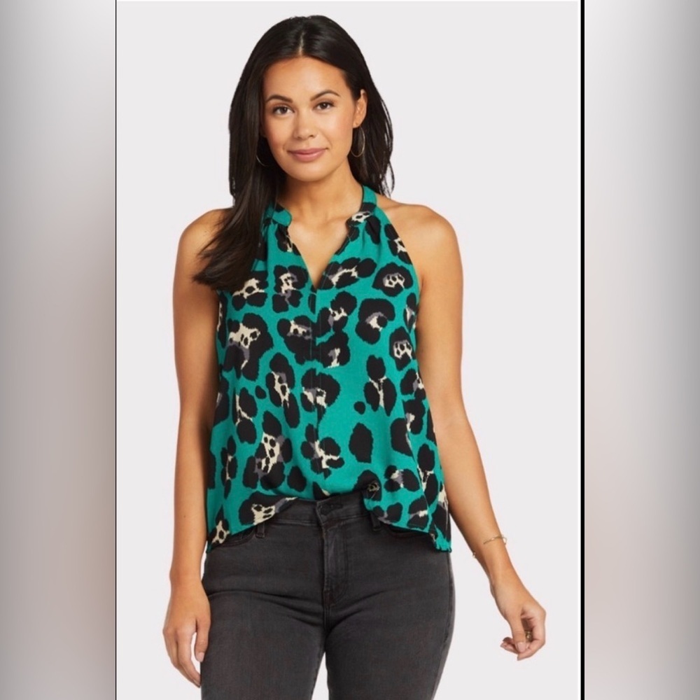 Sunday in Brooklyn Teal and Black Animal Leopard Print Blouse, Size S